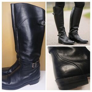 FRYE Boots Sz 8 Dorado Black Leather Knee High Riding Boots Moto Low Heel